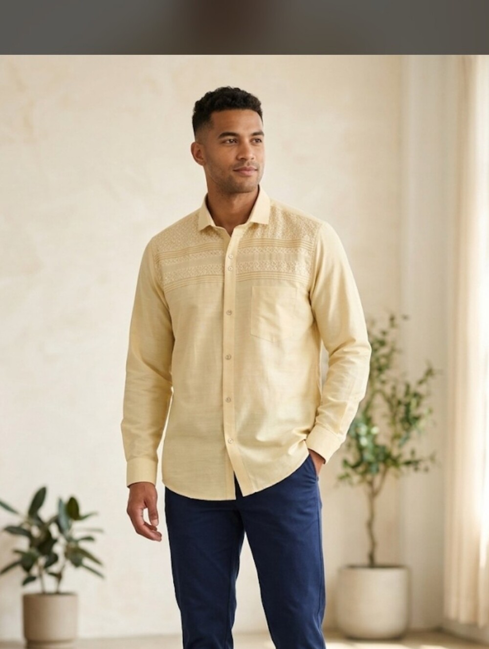 Men's Beige Embroidered Casual Button-Down Shirt - Unknown Brand